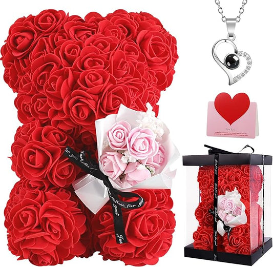 Artificial Flowers Rose Teddy Bear with Box, Greeting Card, Necklace